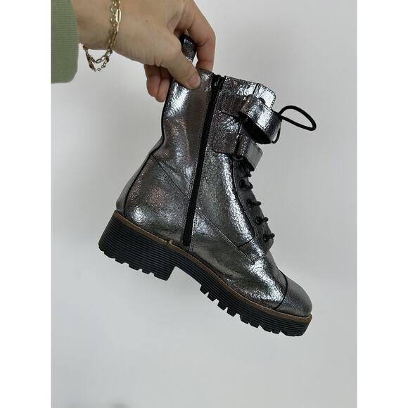 Shellys London Bootie 39 Silver Metallic Distressed Leather‎ Combat Boots Womens - Picture 5 of 11
